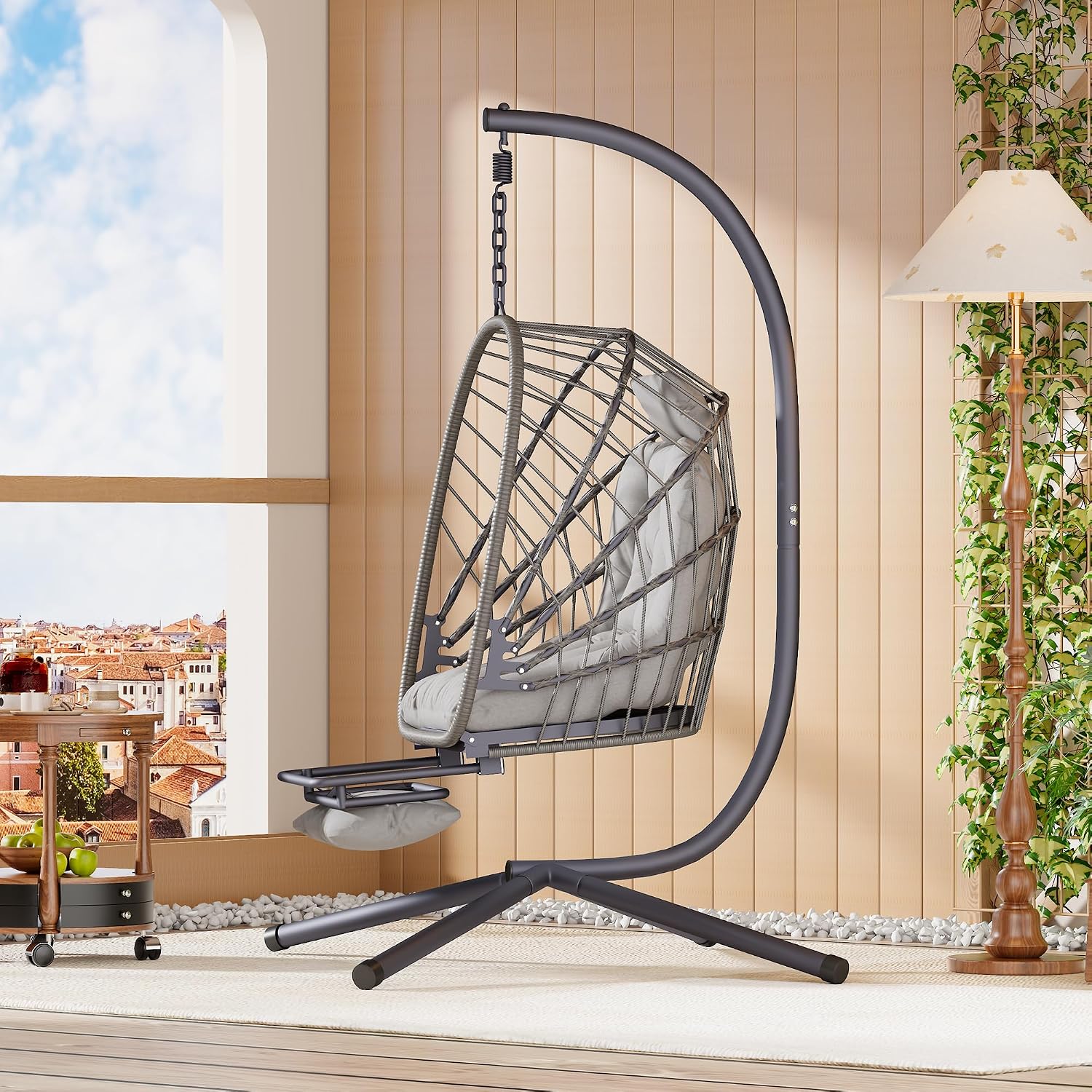 Outdoor Egg Swing Chair with Stand and Footrest, Comfy Patio Hammock Hanging Rocking Egg Chair with Cushion for Bedroom Indoor, Dark Gray (Light Grey)