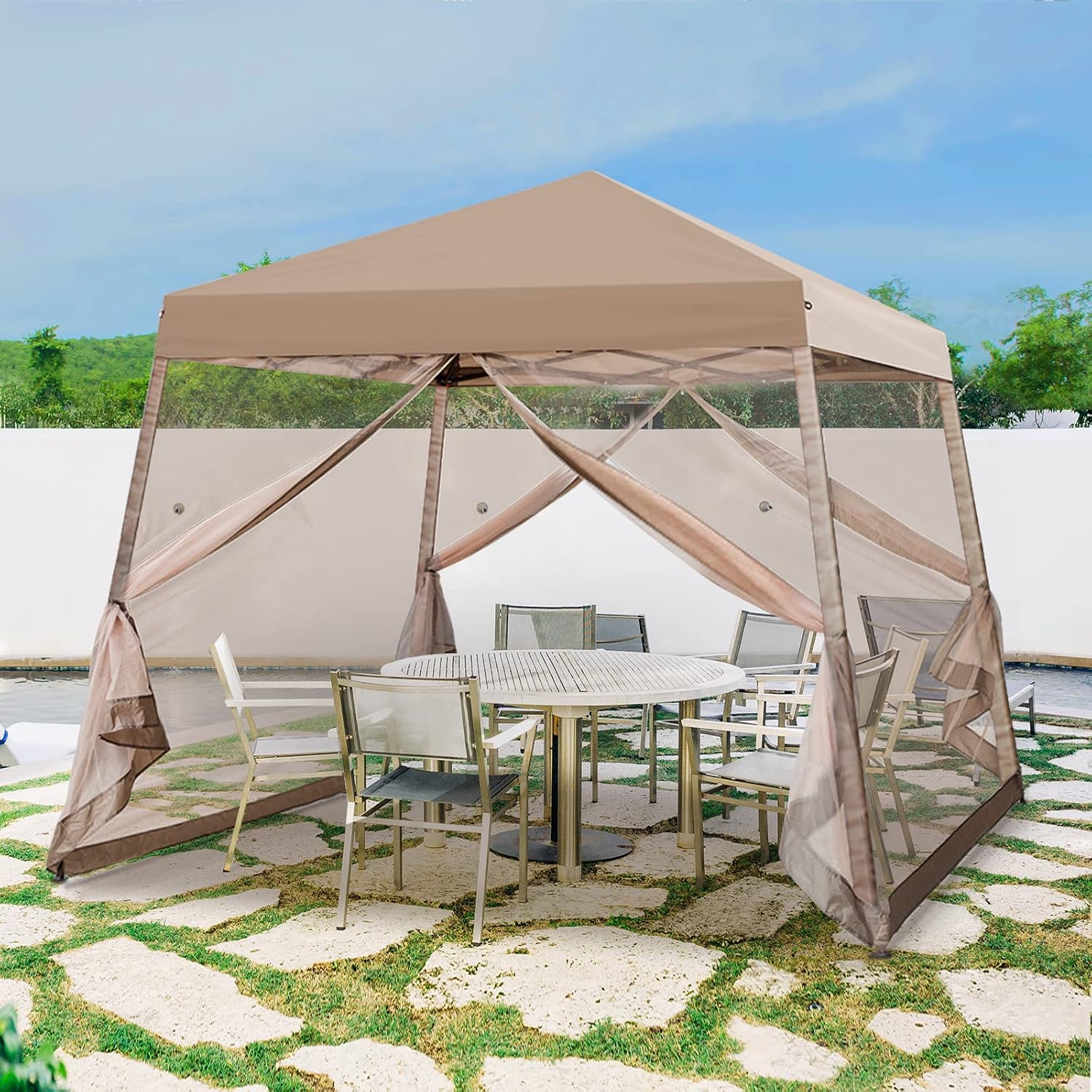 10x10 Pop Up Canopy Tent, Slant Leg Instant Screened Gazebo with Mesh Walls, UV Protection, Water Resistant, Beige
