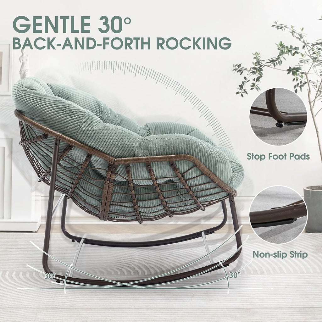 Oversized Papasan Rocking Chair - Outdoor Luxury Comfy Patio Chair, Indoor Egg Royal Rattan Rocking Chair with Strip Velvet Cushion for Front Porch Lounge Lawn Bedroom Living Room (Green)