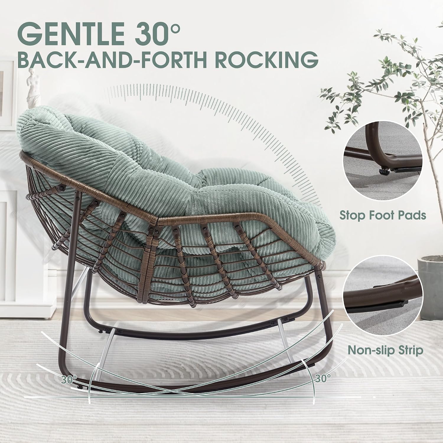 Oversized Papasan Rocking Chair - Outdoor Luxury Comfy Patio Chair, Indoor Egg Royal Rattan Rocking Chair with Strip Velvet Cushion for Front Porch Lounge Lawn Bedroom Living Room (Green)