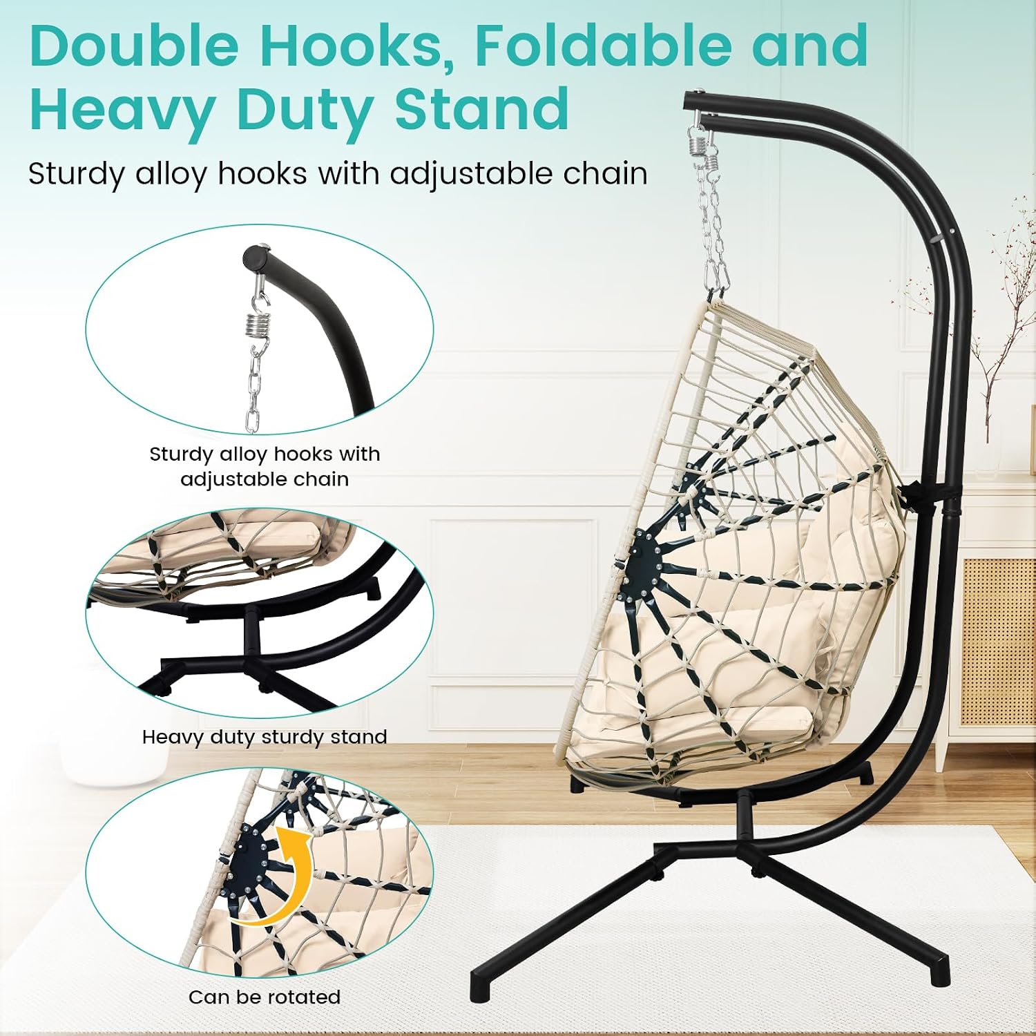 Double Egg Swing Chair with Stand Patio Rattan Wicker Hammock Chairs Outdoor Indoor Egg Swing Chair with Cushion Headrest 550 Lbs Capacity for Bedroom Balcony Garden Porch Backyard, Beige