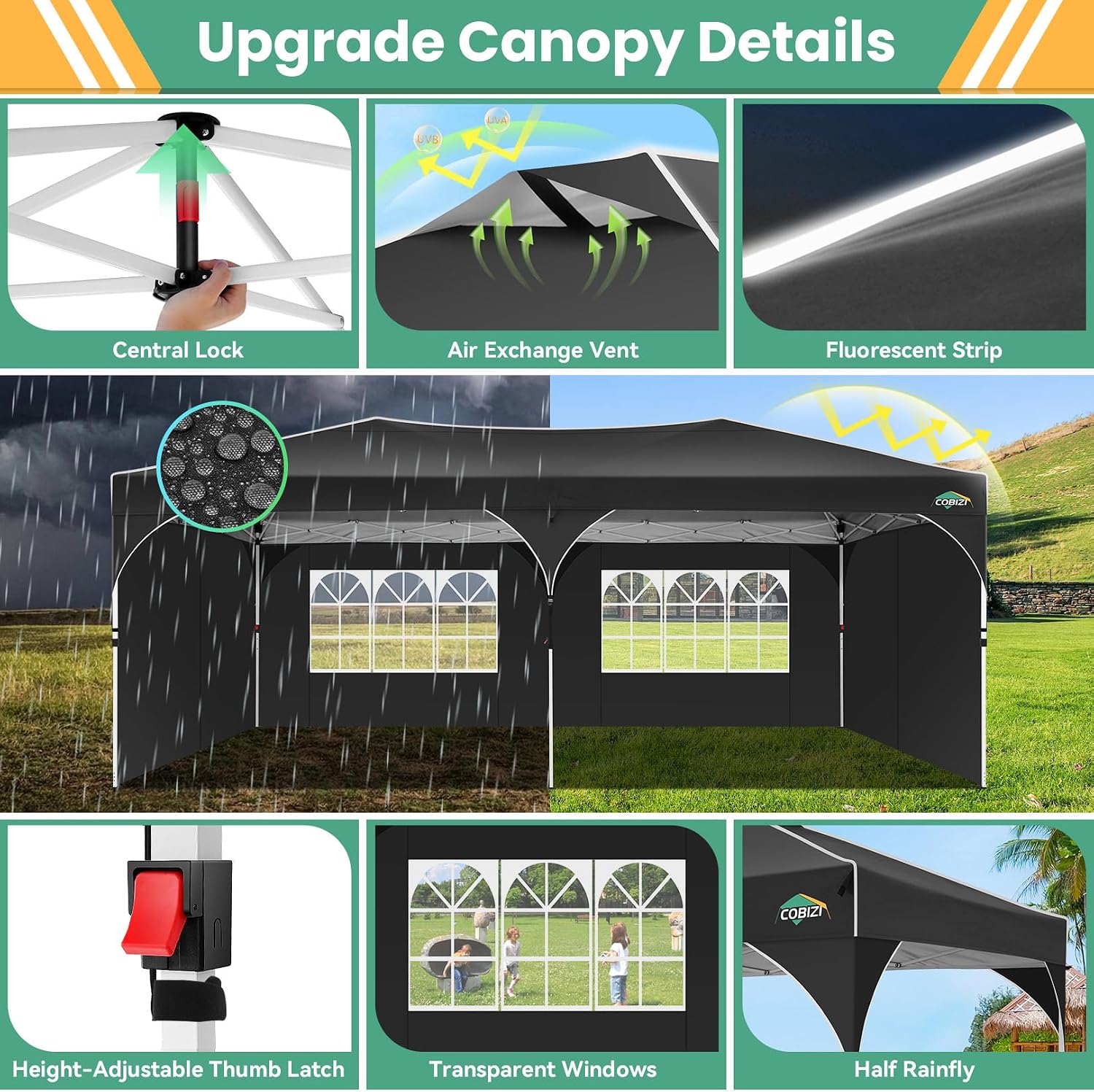 COBIZI 10x20 Pop Up Canopy Tent, Outdoor Party Tent with 4 Sidewalls, 1 Person Easy Set up, Tents for Parties with Fluorescent Strip & 4 Sandbags, Waterproof UPF50+, 3 Adjustable Height, Black