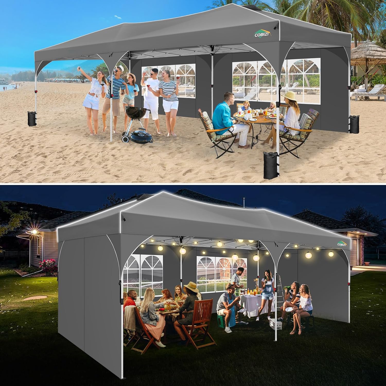 COBIZI 10x20 Pop Up Canopy Tent, Outdoor Party Tent with 4 Sidewalls, 1 Person Easy Set up, Tents for Parties with Fluorescent Strip & 4 Sandbags, Waterproof UPF50+, 3 Adjustable Height, Gray