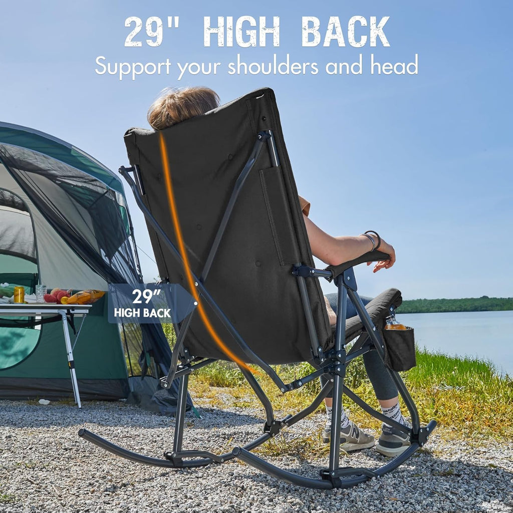 Portal Folding Rocking Camping Chair Outdoor - Thick Padded Rocking Recliner Chair Portable Camping Rocker for Patio Front Porch Backyard Lawn Living Room, Supports 400 LBS