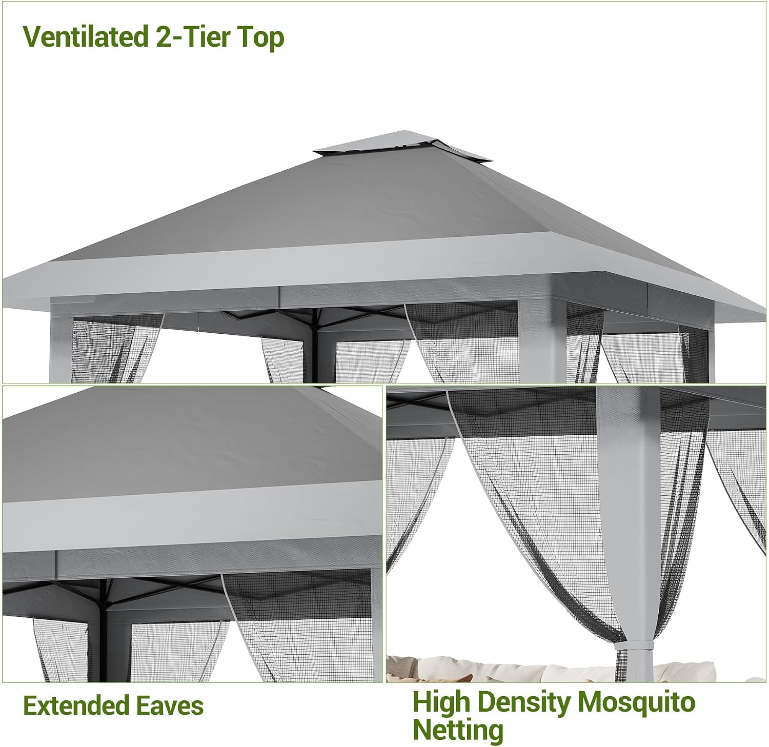 13x13FT Pop Up Gazebo with Mosquito Netting, Outdoor Canopy Tent with Double Roof, Folding Gazebo for Patio, Backyard, Garden, Camping, Party, Wedding, Adjustable Height Green