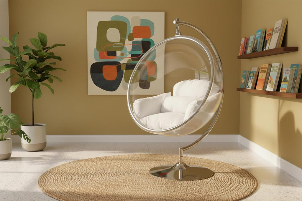 Meridian Furniture 507White Luna Collection Modern | Contemporary Clear Acrylic Accent Swing Chair with Durable Metal Base and Fabric Seat, White, Chrome Finish, 41.5' W x 29.5' D x 64' H