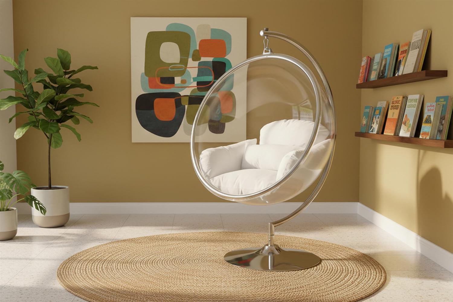 Meridian Furniture 507White Luna Collection Modern | Contemporary Clear Acrylic Accent Swing Chair with Durable Metal Base and Fabric Seat, White, Chrome Finish, 41.5' W x 29.5' D x 64' H