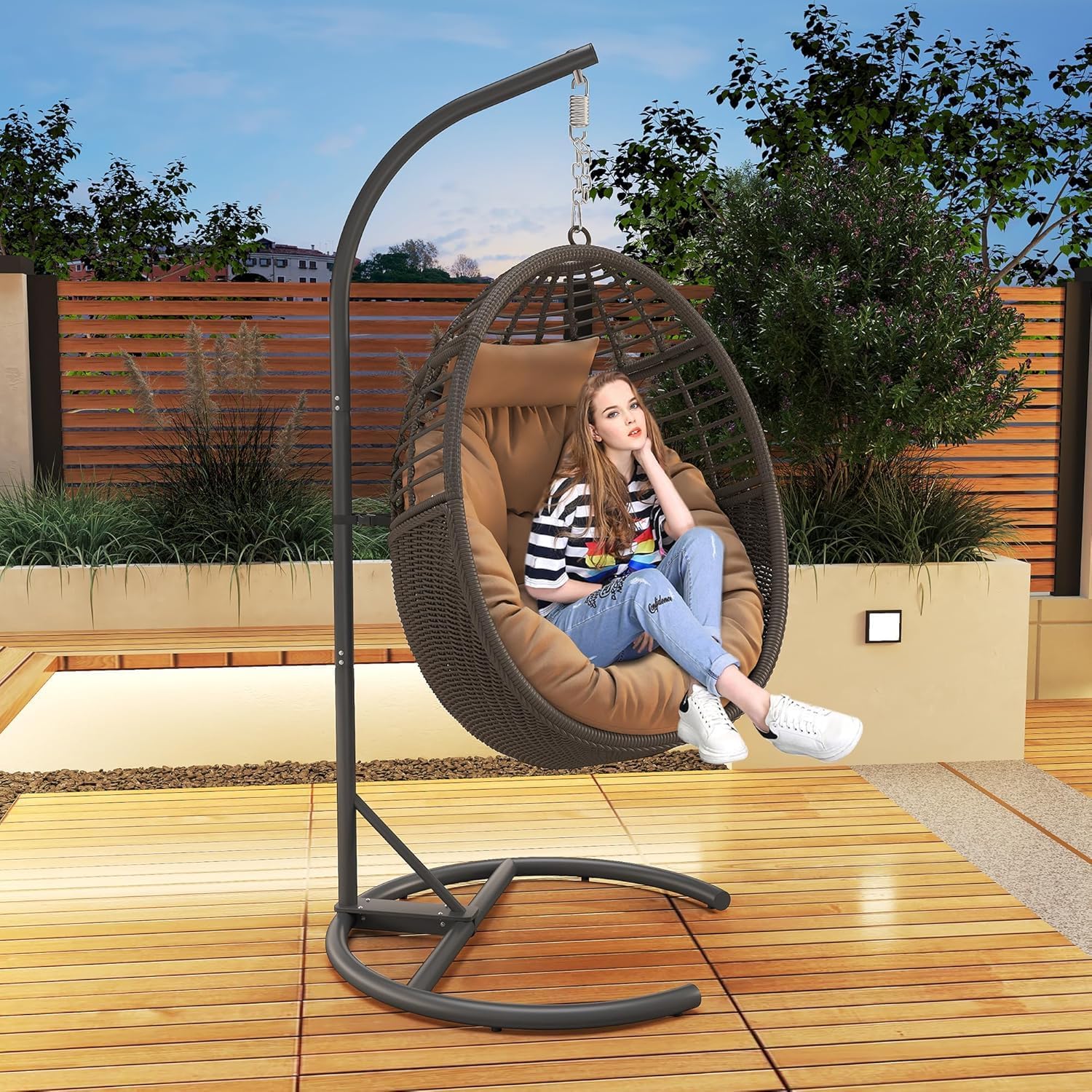 TWT Hanging Egg Chair with Stand, 330lbs Capacity Patio Wicker Egg Swing Chair with UV Resistant Cushion for Bedroom Garden Indoor Outdoor (Dark Brown)