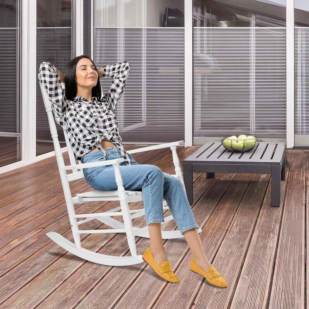 VINGLI Wooden Rocking Chair, Outdoor Chair with 450 lbs Support, Relaxing Rocker with Solid Wood High Back Seat Reclining Seat for Deck, Garden, Backyard, Porch, Indoor or Outdoor Use (White, 2PCS)