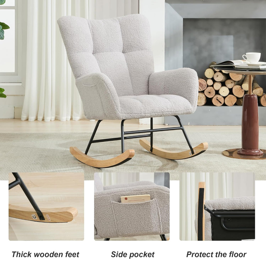 Nursery Rocking Chair, Teddy Upholstered Glider Rocker Rocking Accent Chair with High Backrest Armchair Comfy Side Chair for Living Room, Bedroom, Offices (Light Gray)