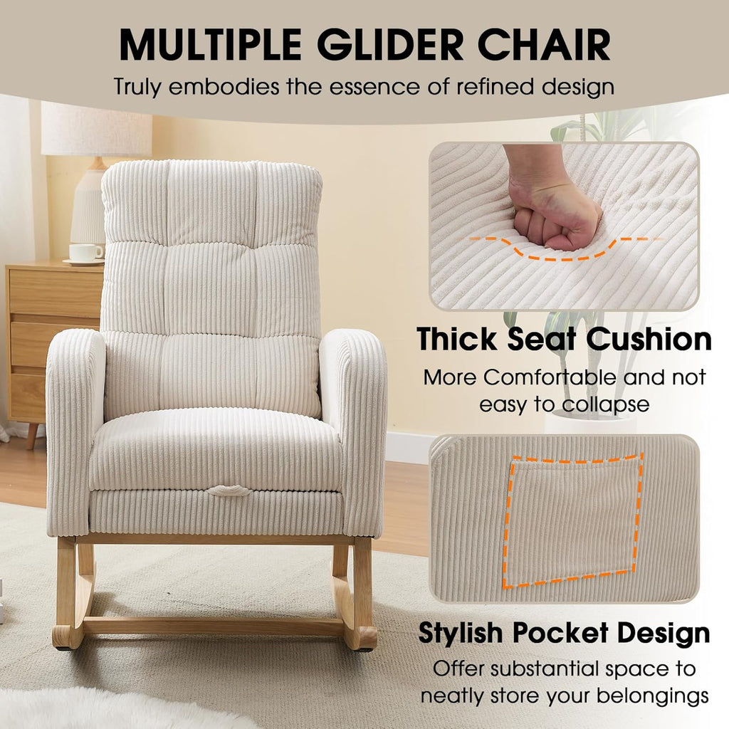 NIOIIKIT Nursery Rocking Chair, Corduroy Upholstered Rocking Chair with Adjustable Footrest, Tufted Rocker Chair with Side Pocket, Glider Rocker for Living Room, Bedroom (Cream Retro)