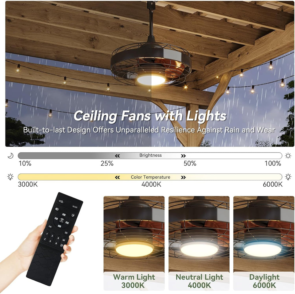 Aoxun 20 Inch Ceiling Fans, Waterproof Outdoor Ceiling Fans with Lights and Remote, LED Dimmable DC Reversible Modern Fandelier with 2 Size Downrods and Hanging Hook for Gazebo, Pergola