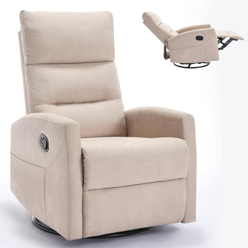 360° Swivel Rocking Chair for Nursery, Manual Glider Chair Nursing Chair with Side Pockets, Polyester Glider for Living Room, Heavy Duty Motion Mechanism, Beige