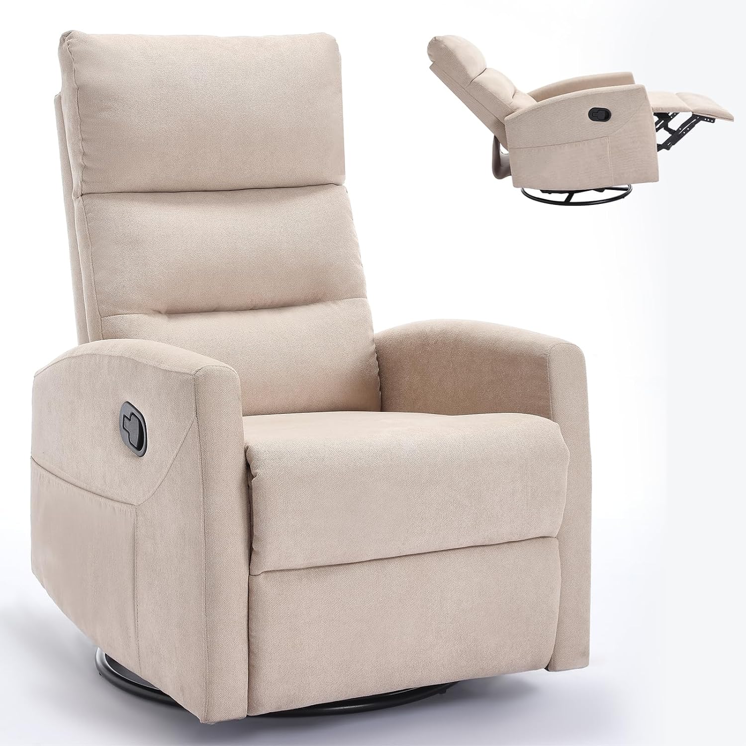 360° Swivel Rocking Chair for Nursery, Manual Glider Chair Nursing Chair with Side Pockets, Polyester Glider for Living Room, Heavy Duty Motion Mechanism, Beige