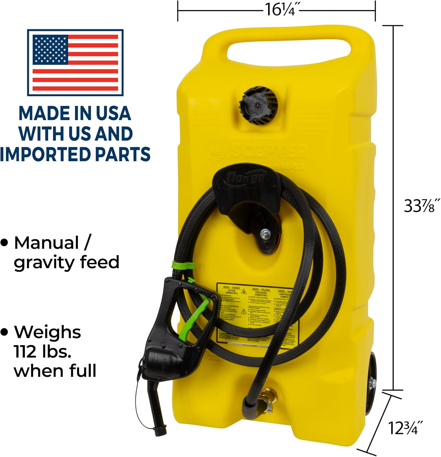 Scepter Duramax 14 Gallon Wheeled Utility Transfer Tank with Spout Pump, Yellow – Portable Rolling Container w/ 10-Foot Hose for Mowers, Generators, Marine Use, Off-Road Vehicles & Power Equipment