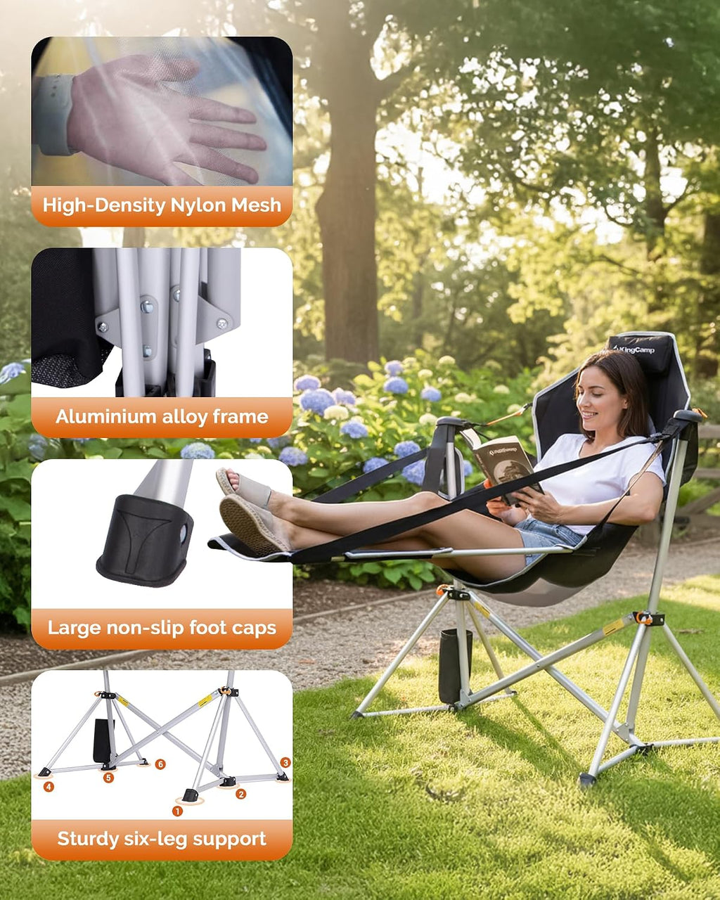 KingCamp Hammock Chair with Footrest – Heavy Duty Swinging Rocking Camping Chairs for Adults up to 400lbs, Folding Portable Oversized Rocker with Cup Holder & Pillow for Outdoor Beach Lawn RV Sports