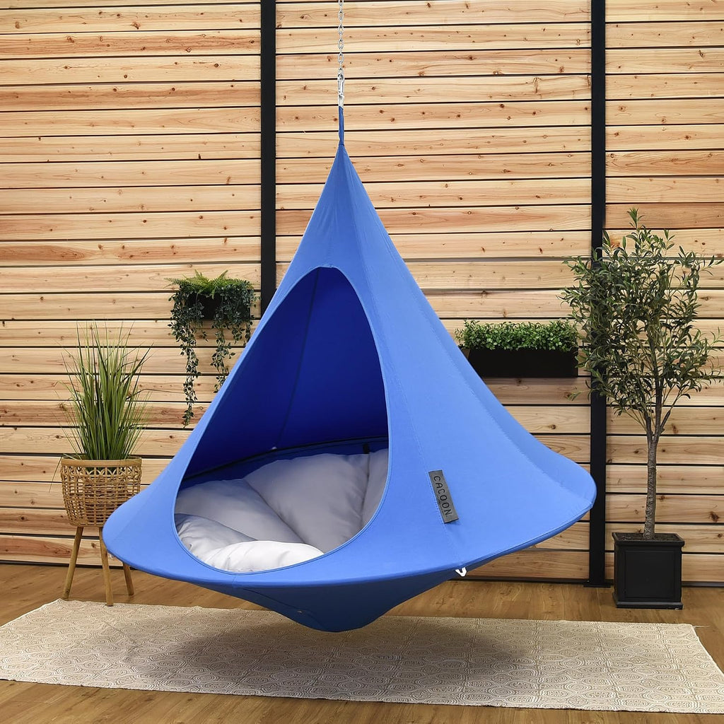 Double Cacoon Hanging Chair for Two – Cozy Indoor/Outdoor Hammock with Polyester Canvas, 440 lb Capacity, Includes 18ft Rope & Carabiner (Sky Blue)