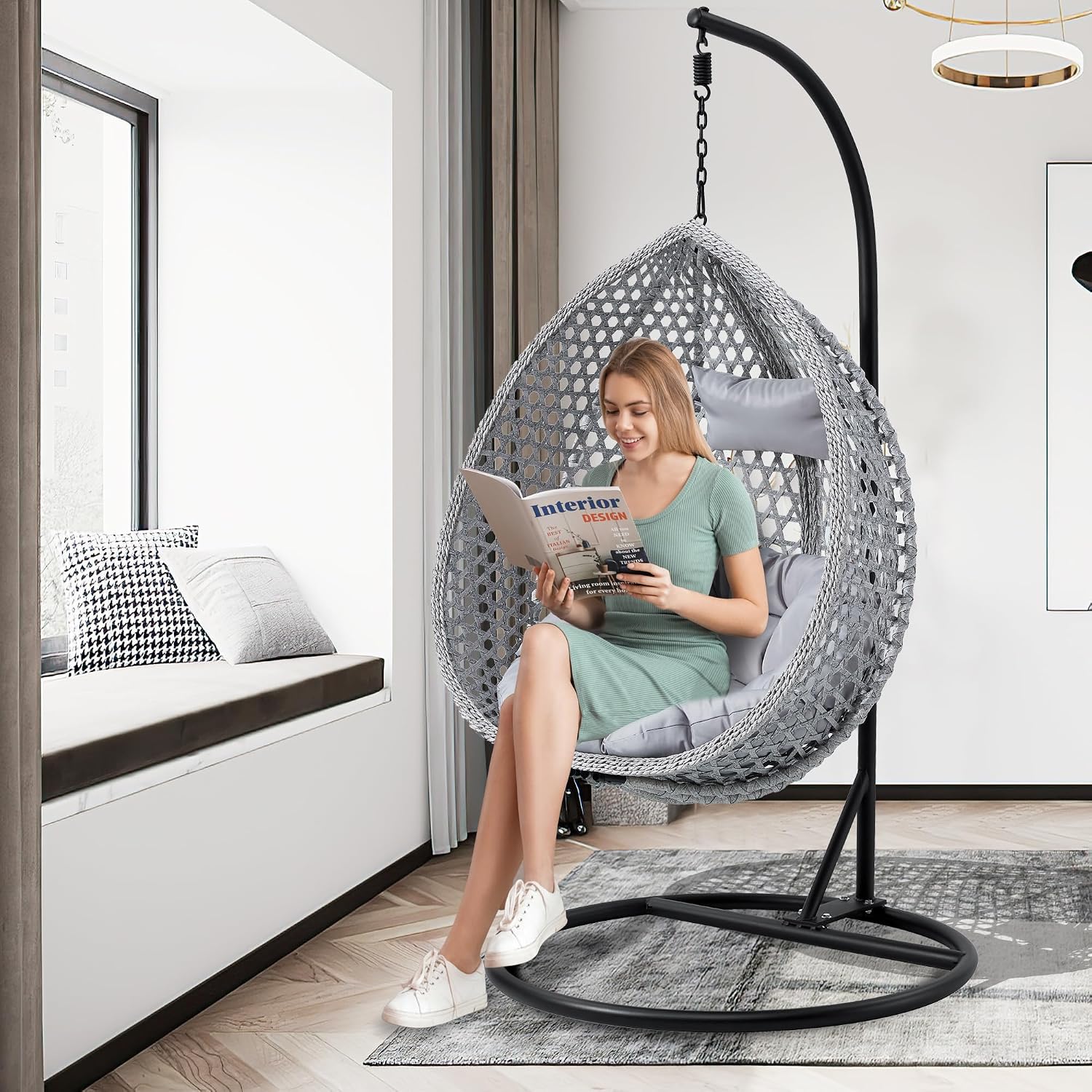 Egg Swing Chair with Stand,Hanging Egg Chair with Cushions and Pillow,Heavy Duty Lounge Basket Chair,Indoor Outdoor Patio Porch Lounge Relaxing Chair for Patio Balcony Backyard,Bedrooms