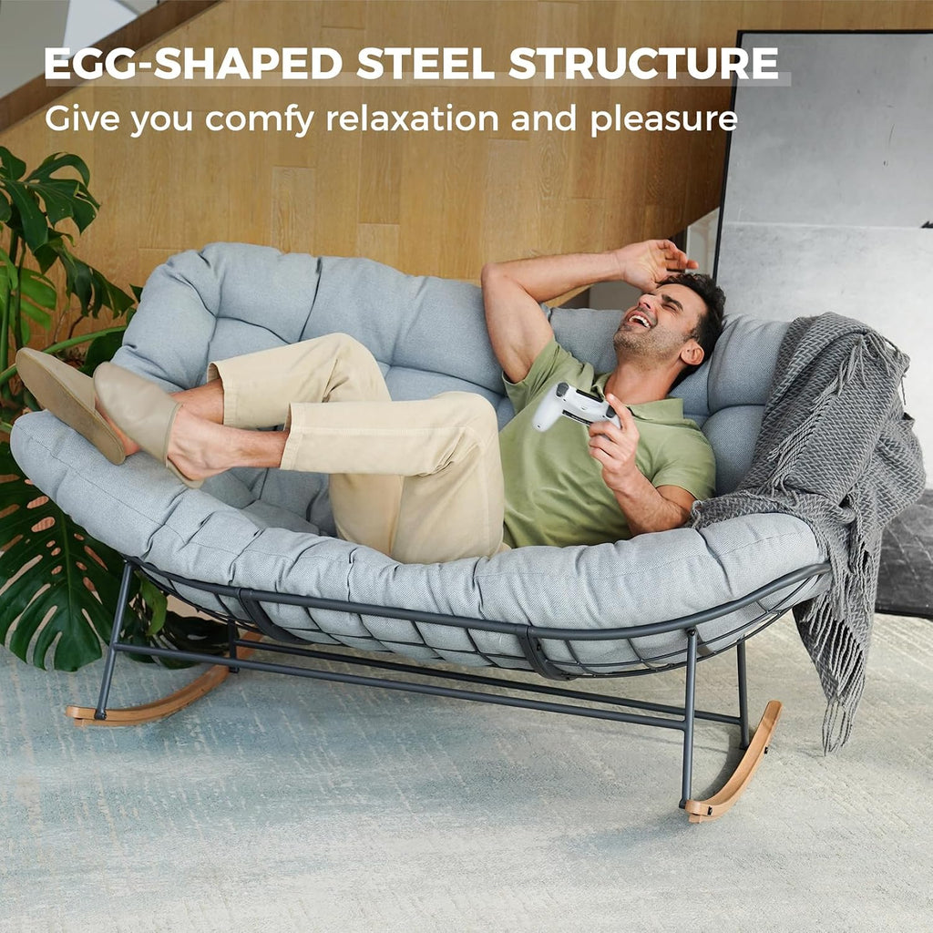 Grand patio Rocking Chair Outdoor, Oversized Papasan Rocking Chair for 2 with E-Coated Steel Frame and Thick Cushion, Comfy Loveseat Rocker for Patio Porch Deck, Grey