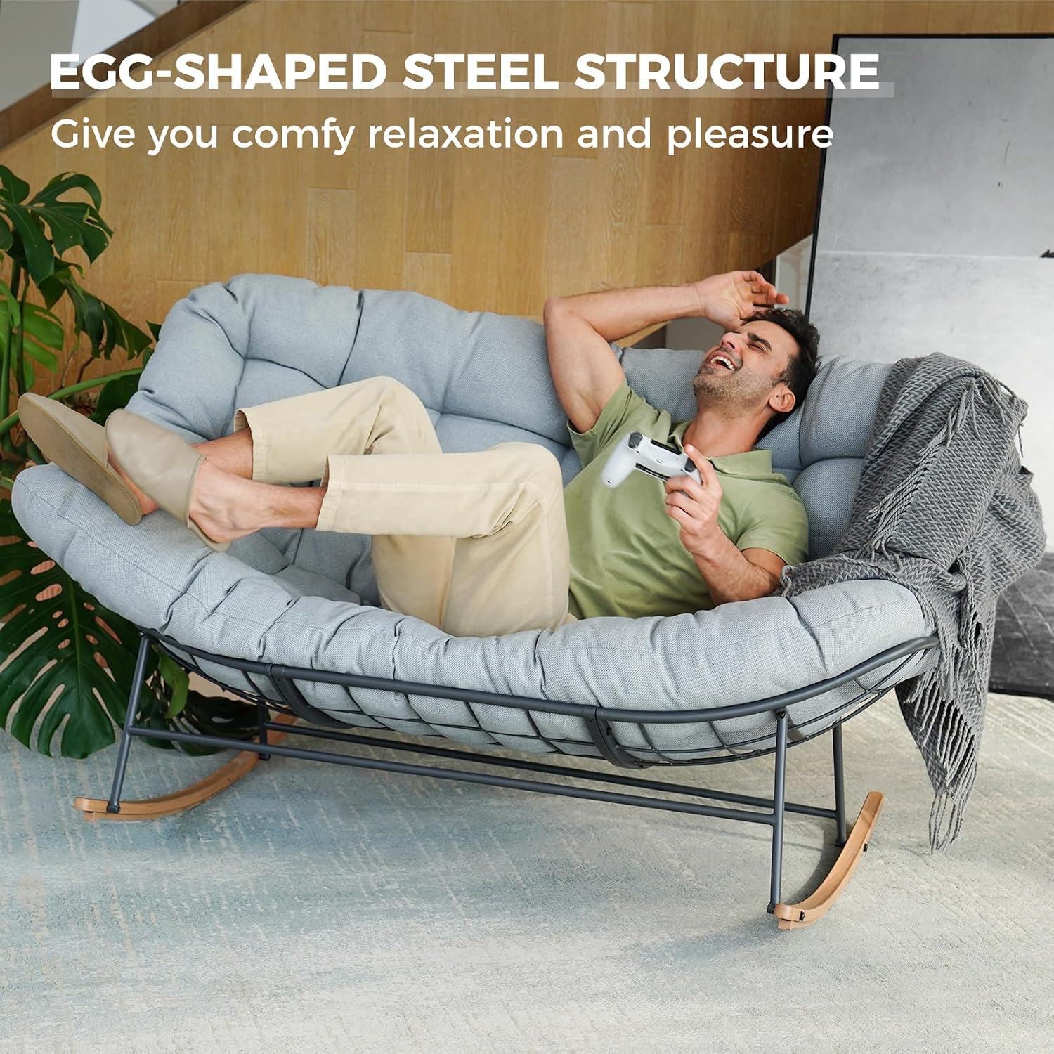 Grand patio Rocking Chair Outdoor, Oversized Papasan Rocking Chair for 2 with E-Coated Steel Frame and Thick Cushion, Comfy Loveseat Rocker for Patio Porch Deck, Grey