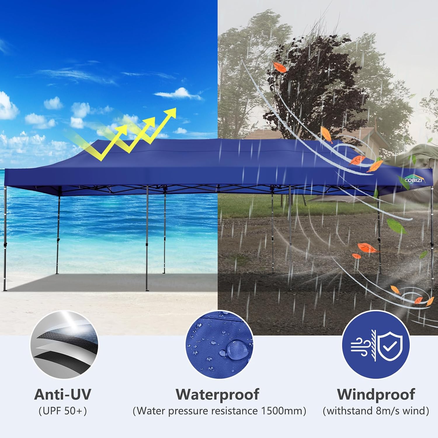 COBIZI 10x30 Pop up Canopy, Heavy Duty Outdoor Party Tents for Parties, Easy up UPF 50+ Waterproof Commercial Canopy with Wheeled Bag can fold, Dark Blue