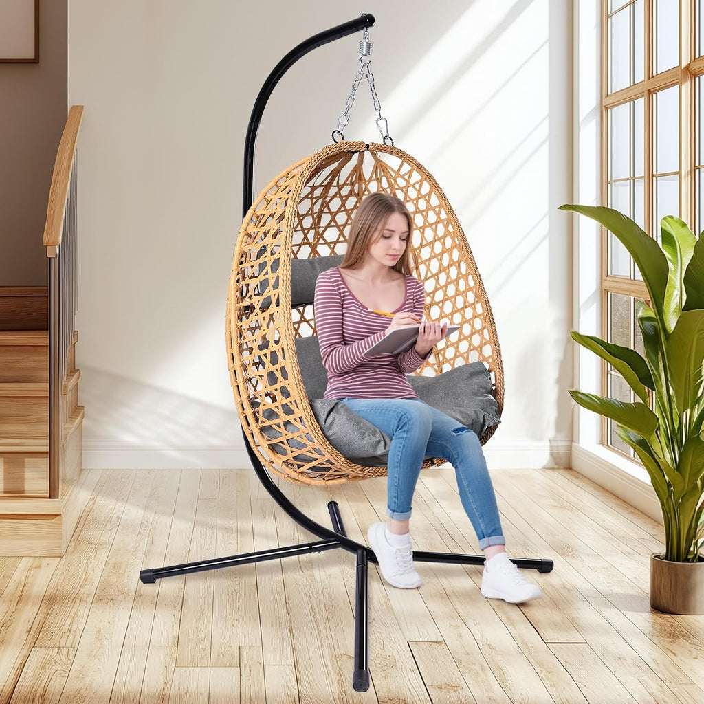 DoubleTT Egg Chair with Stand, Patio Wicker Hanging Chair, Hammock Swing Chair, 350LBS Capacity for Bedroom, Balcony, Garden (YE-GR)