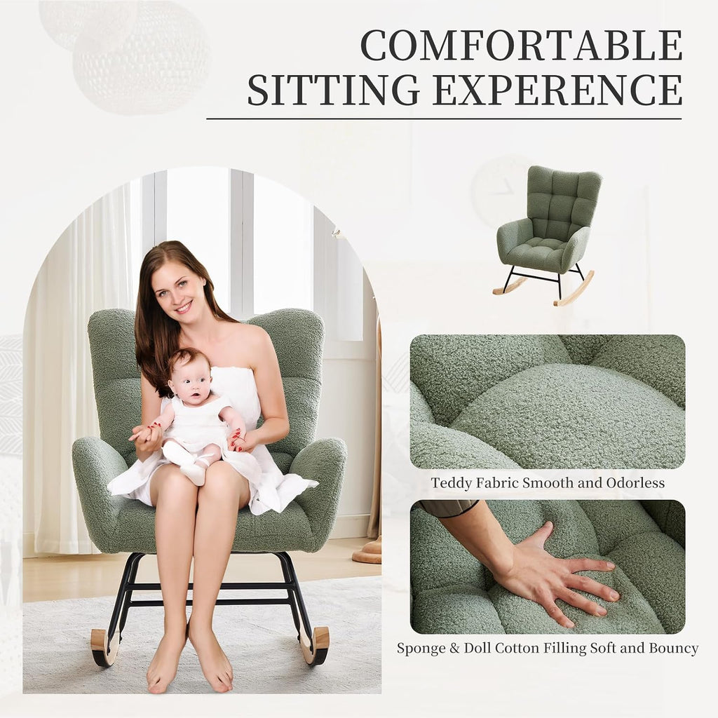 GarveeHome Rocking Chair Nursery, Teddy Upholstered Glider Chair with High Backrest, Armrest and Side Pockets, Modern Comfy Accent Armchair Reading Chair for Bedroom, Living Room