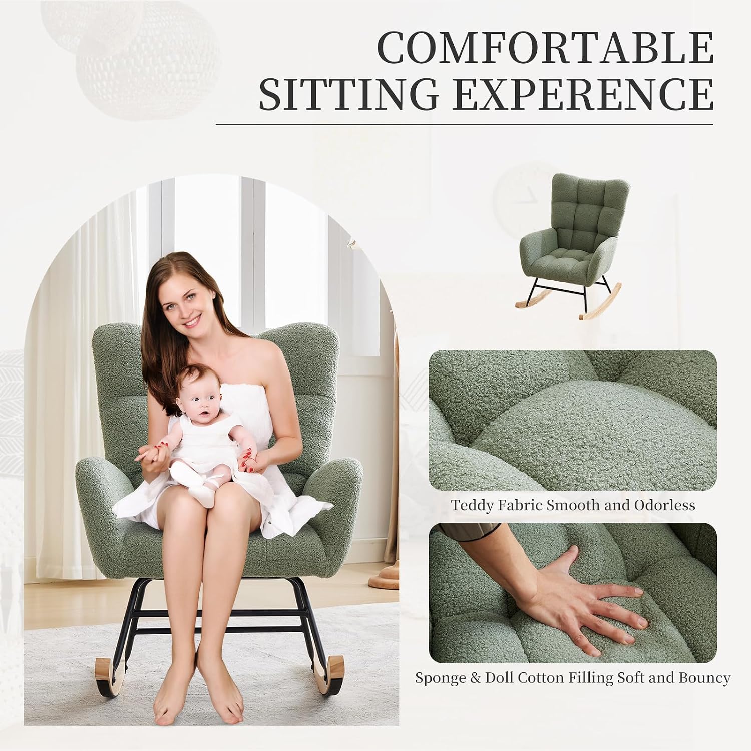GarveeHome Rocking Chair Nursery, Teddy Upholstered Glider Chair with High Backrest, Armrest and Side Pockets, Modern Comfy Accent Armchair Reading Chair for Bedroom, Living Room