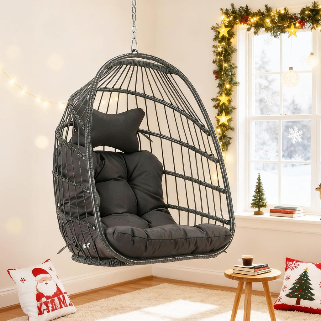 RADIATA Foldable Hanging Egg Swing Chair No Stand, Indoor Outdoor Wicker Basket Chair with Comfy Cushion, 350Lbs Durable Portable Hanging Hammock Seat for Bedroom Patio Porch Balcony, Dark Grey