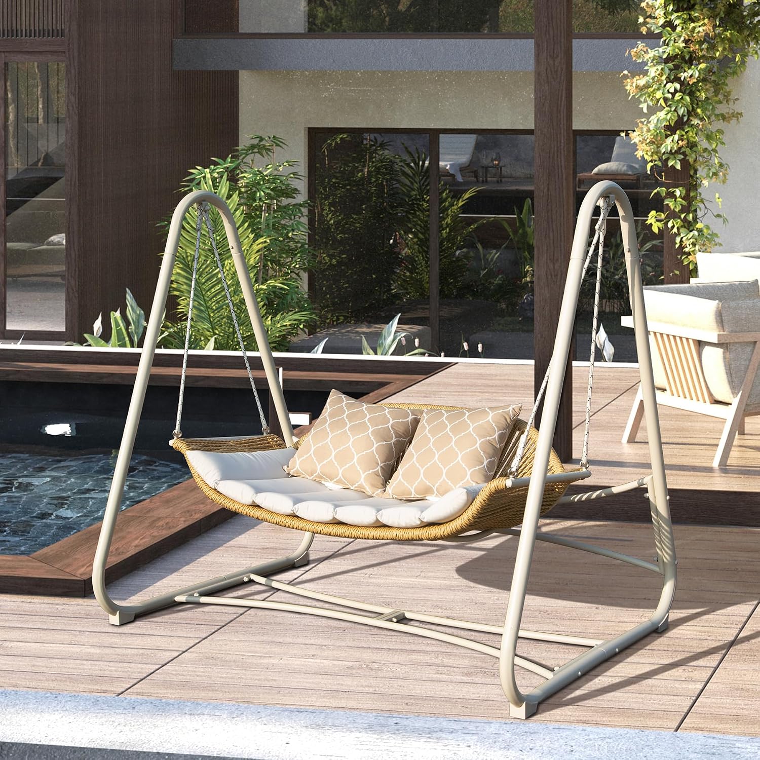 Domi Outdoor Patio Porch Swing, 2-Seat Hanging Swing Chair with Thickened Cushions and Pillow, Rattan Porch Swing Chair Outdoor Hammock Chair for Porch, Backyard, Garden