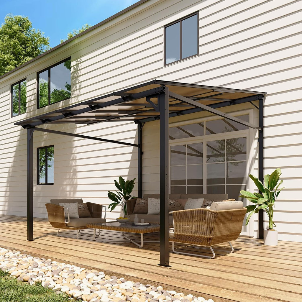 10'x 10'Wall Mounted Gazebo, Hardtop Lean-to Pergola with Polycarbonate Roof, Heavy Duty Outdoor Patio Awnings for Deck, Porch, Backyard, Garden, Weather Resistant, Brown