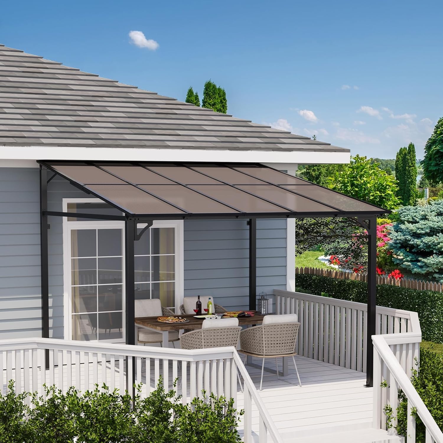 10'x 10'Wall Mounted Gazebo, Hardtop Lean-to Pergola with Polycarbonate Roof, Heavy Duty Outdoor Patio Awnings for Deck, Porch, Backyard, Garden, Weather Resistant, Brown