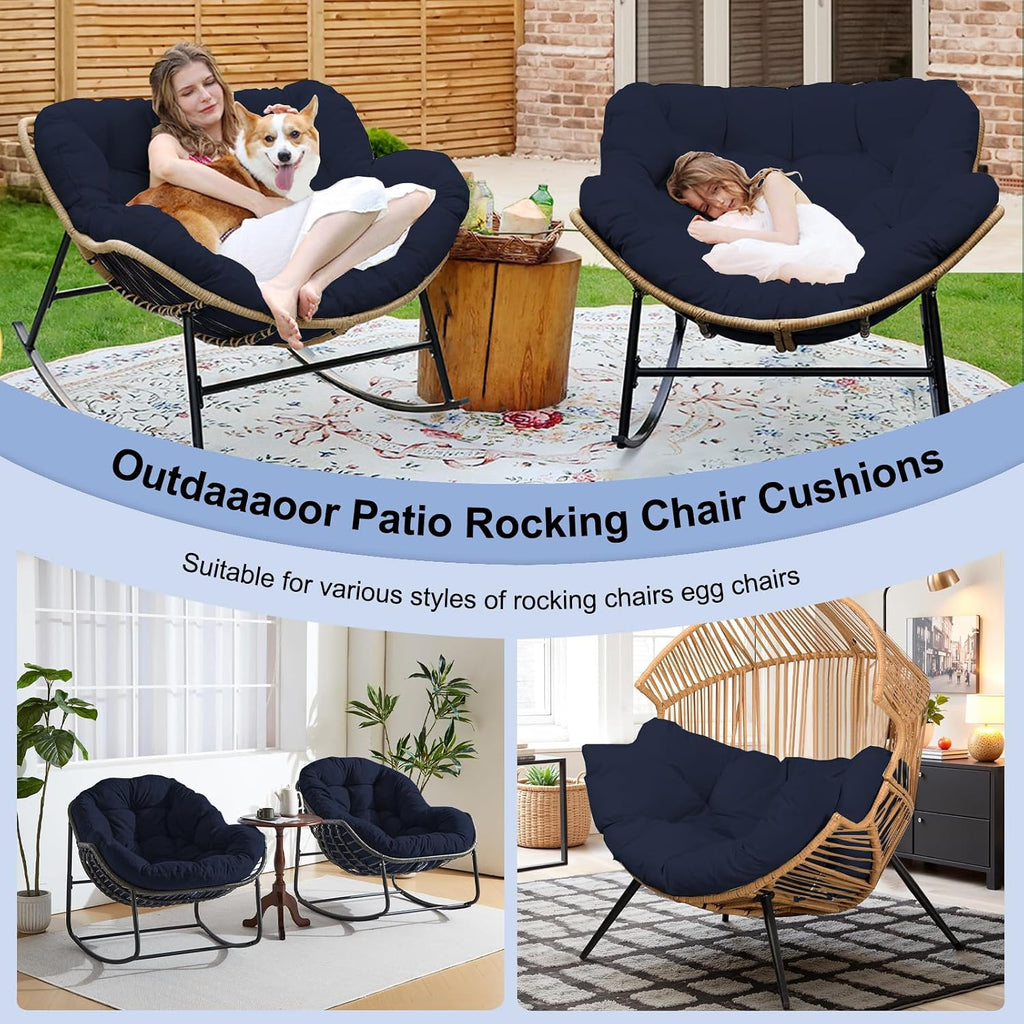 Outdoor Rocking Chair Cushion – Waterproof Wicker Egg Chair Replacement Pad, Thick Papasan Seat Cushion with Ties for Indoor & Outdoor Patio, Porch, Balcony, or Garden (Navy Blue)