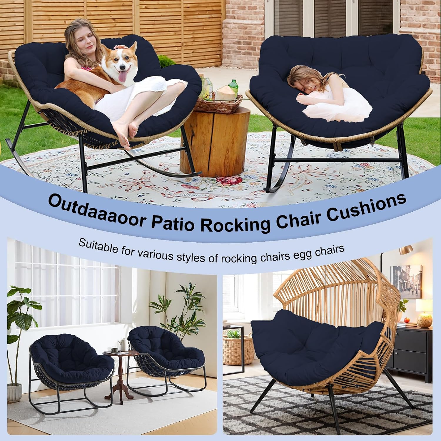 Outdoor Rocking Chair Cushion – Waterproof Wicker Egg Chair Replacement Pad, Thick Papasan Seat Cushion with Ties for Indoor & Outdoor Patio, Porch, Balcony, or Garden (Navy Blue)