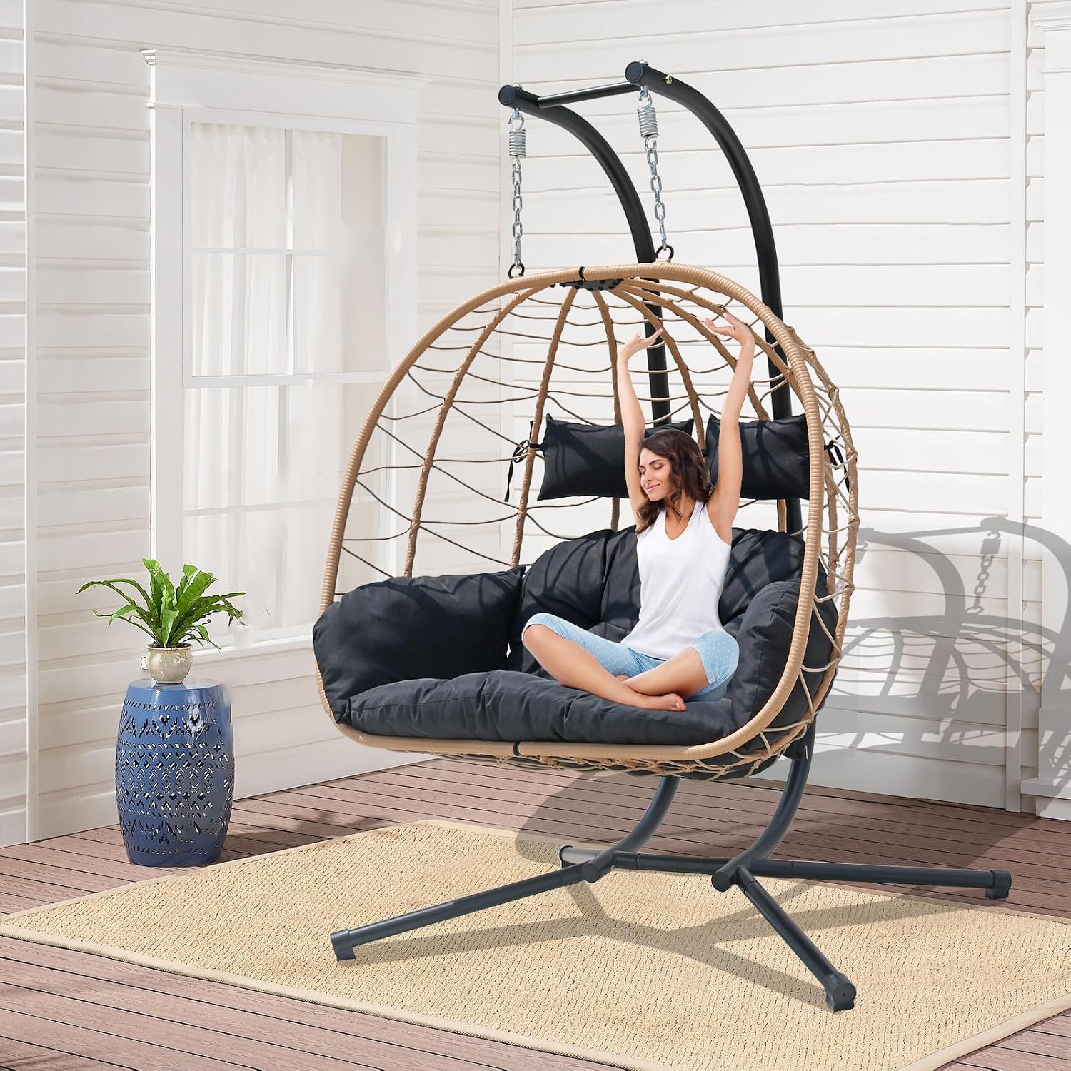 Double Egg Chair Outdoor, 2 Person Hanging Egg Chair with Stand, Patio Wicker Egg Swing Chair for Garden, Backyard, Balcony, 600Lbs Heavy Duty (BR-BL)