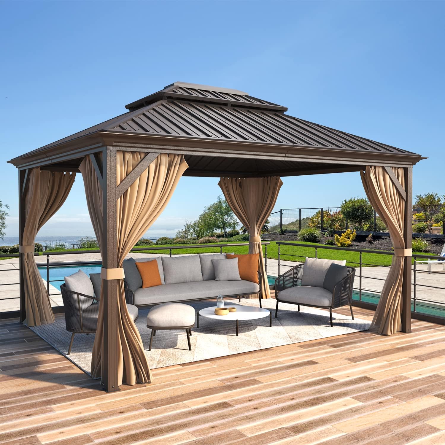 EROMMY 12' X 14' gazebos on Clearance, Hardtop Gazebo Aluminum Gazebos with Galvanized Steel Double Roof for Patio Lawn and Garden, Curtains and Netting Included, Dark Bronze