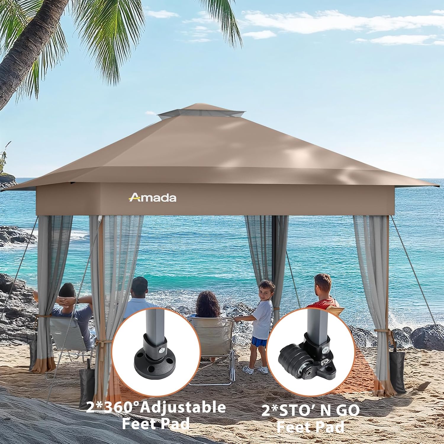 Amada 13x13 Pop Up Gazebo for Backyard & Patio Furniture,Gazebos on Clearance with Wheeled STO-N-Go Cover Bag,Carpa Pop Up Tent Party Tent and Shelter with Mosquito Netting for Lawn,Garden,Deck,Khaki