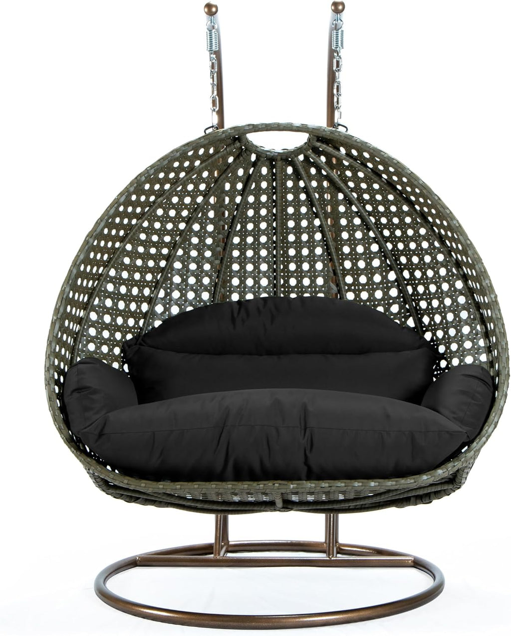 LeisureMod Black Wicker 2 Person Egg Swing Chair with Beige Stand and Cushions – Double Hanging Hammock Lounge for Patio, Indoor & Outdoor Use