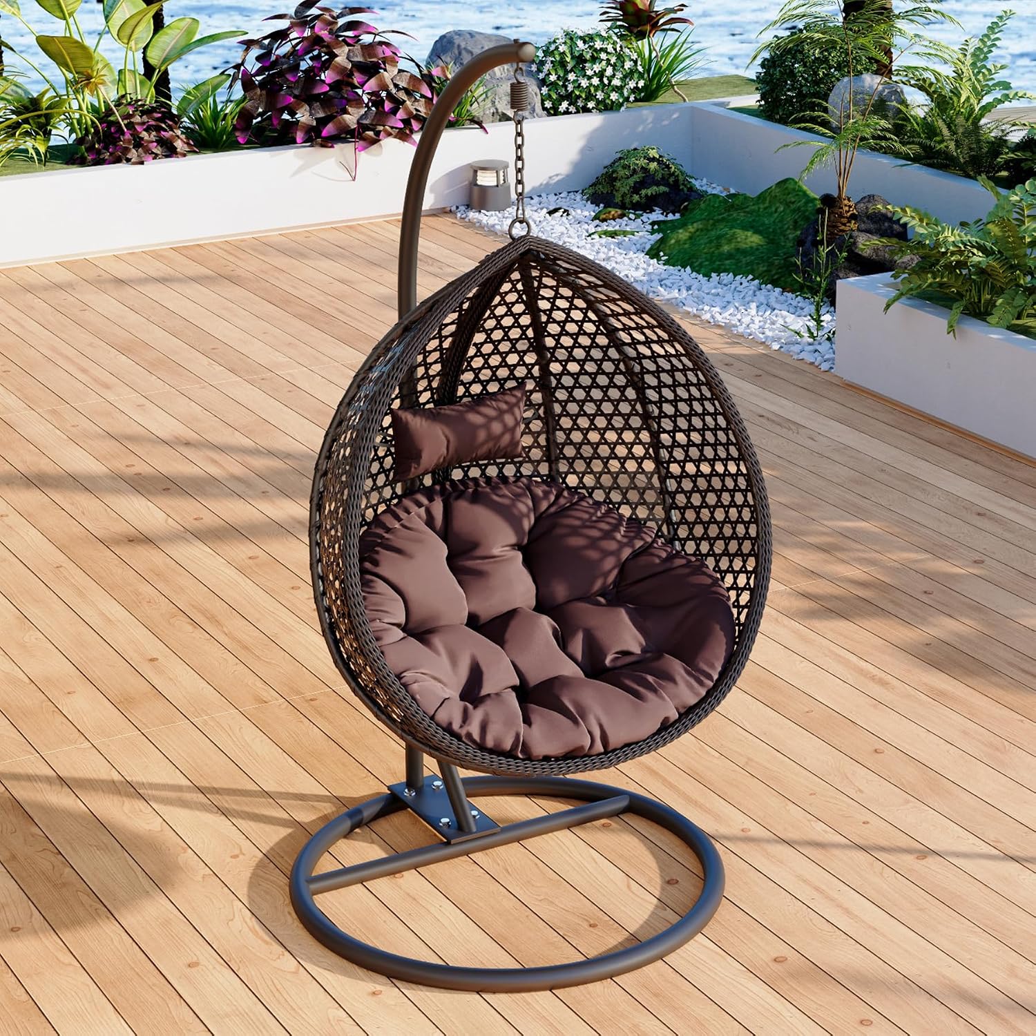 Egg Swing Chair Outdoor with Stand, Indoor Hanging Egg Chair, Rattan Basket Chair with Cushion and Pillow, Foldable Basket and Metal Stand for Backyard Sunroom Patio Balcony (Black)