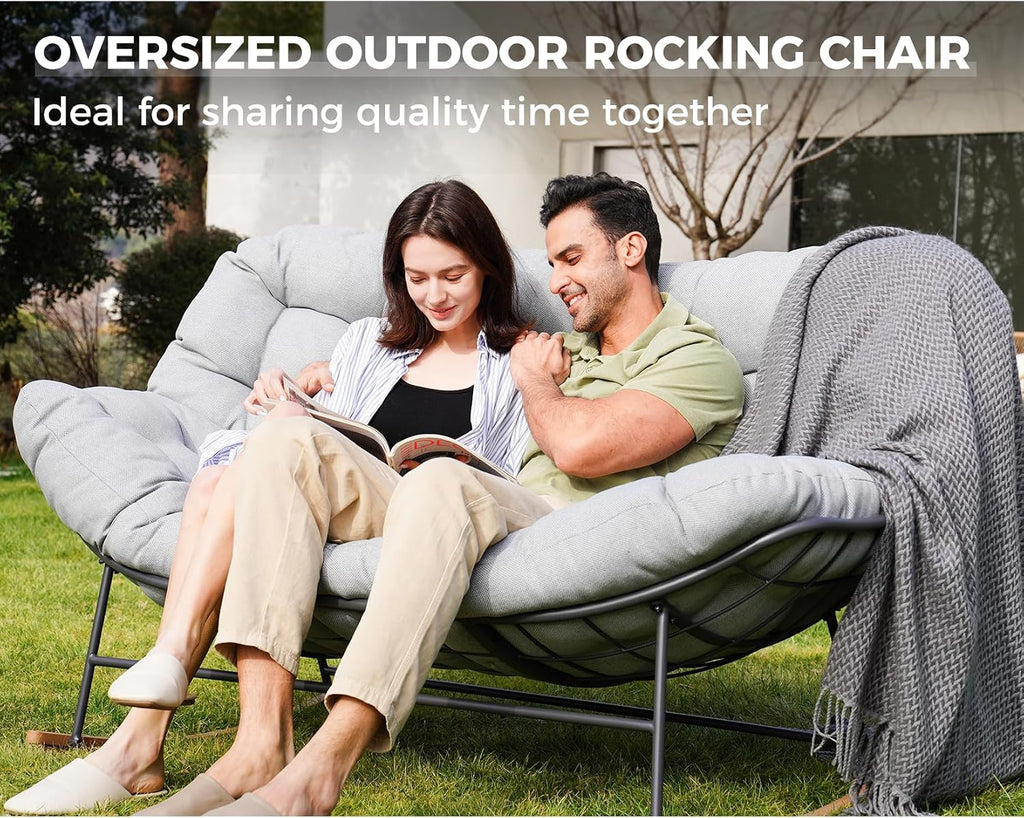 Grand patio Rocking Chair Outdoor, Oversized Papasan Rocking Chair for 2 with E-Coated Steel Frame and Thick Cushion, Comfy Loveseat Rocker for Patio Porch Deck, Grey