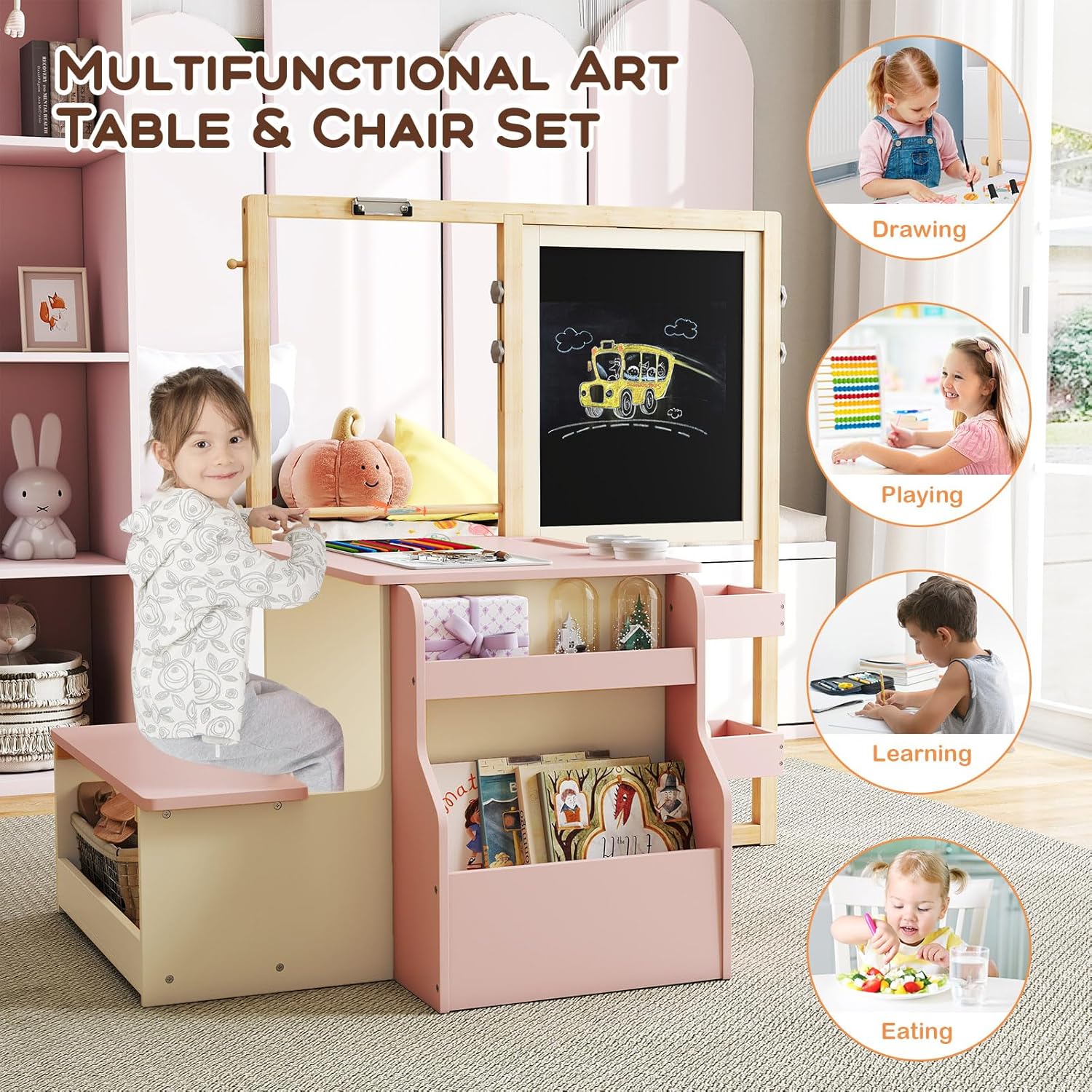 Costzon Easel for Kids, Wooden Art Center with Double-Sided Blackboard & Whiteboard, Paper Roll for Drawing, Crafts, Writing, Toddler Activity Table with Storage, Kids Table and Chair Set (Pink)