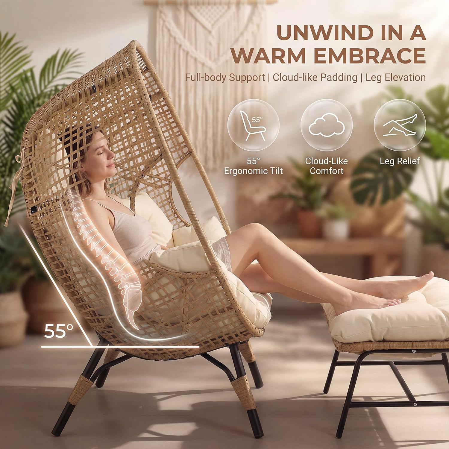 NICESOUL Indoor Outdoor Double Egg Chair with Ottoman Padded Cushions, 57.1' Plus Size XL Wicker Lounge Chair Deep Seating with Footrests, 2 Person Loveseat for Patio Porch Balcony Cream Beige