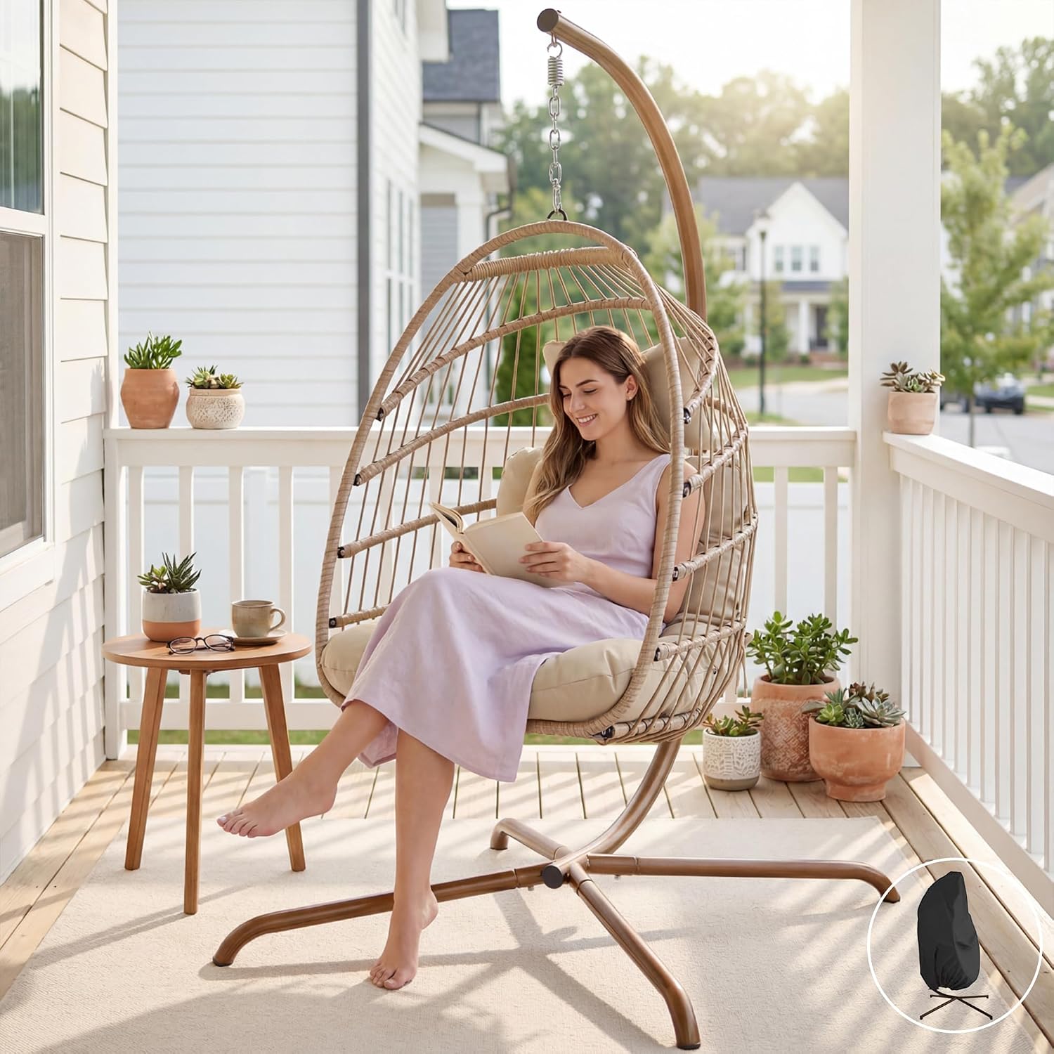 NICESOUL Egg Chair with Stand Indoor Outdoor, All-Weather Hanging Hammock Chairs with Cushion, 350Lbs Durable Wicker Egg Shell Swing Chair for Bedroom, Living Room, Balcony or Porch, Cream with Cover