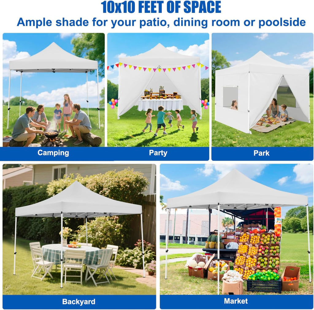 Yesker 10x10 Pop Up Canopy Tent with 4 Sidewalls Portable Folding Outdoor Canopy Easy Setup Gazebo Waterproof Instant Popup Shelter Tent w Wheel Carry Bag sandbags for Events Parties Camping, White
