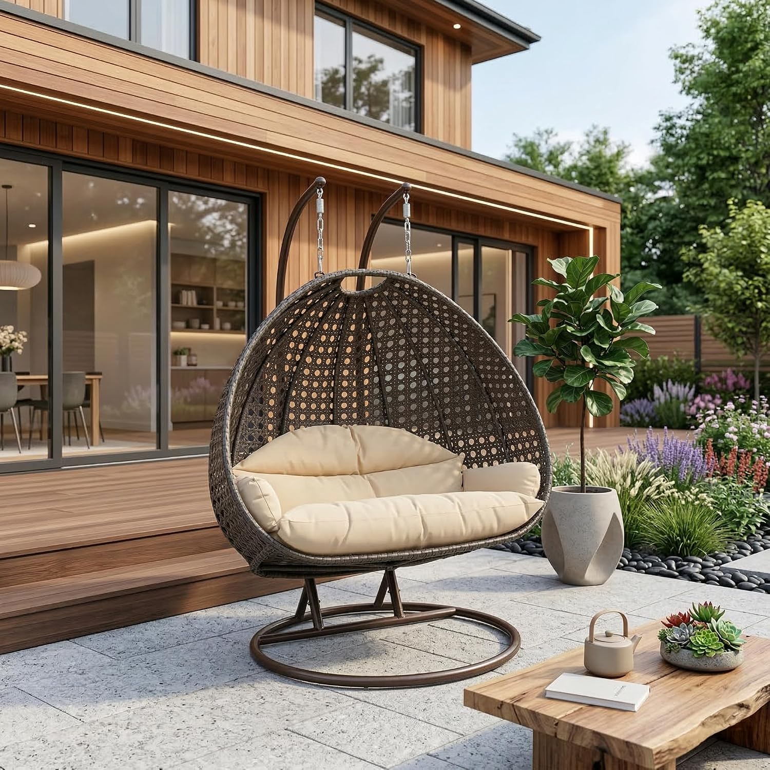 LeisureMod 2-Person Wicker Egg Chair, Hanging Swing Chair for Indoor & Outdoor Use with Cushions, Beige Steel Stand, UV-Resistant, Hammock Lounge Seat for Patio, Porch, or Bedroom (Cream)