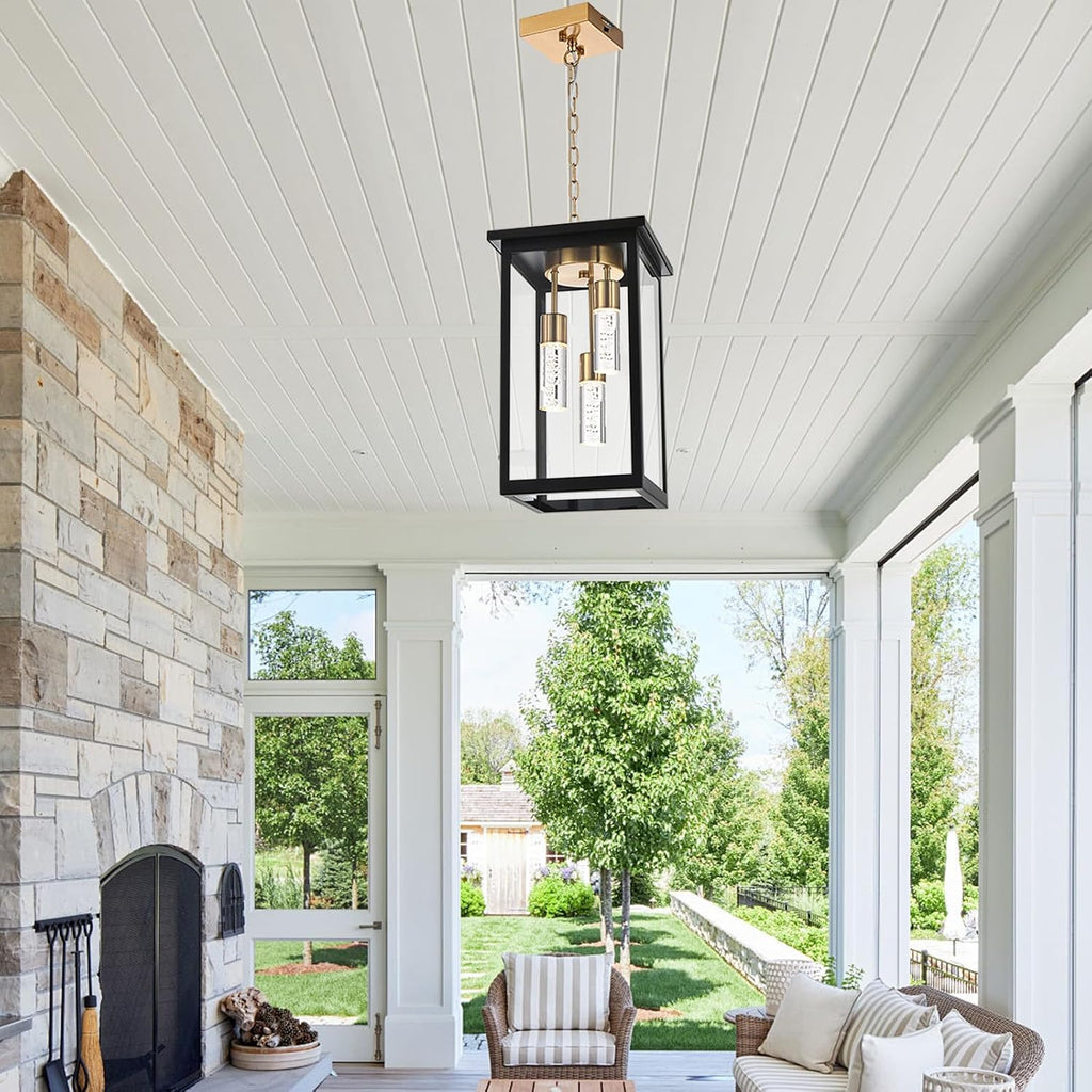 Yaohong 17' Large 5CCT LED Outdoor Pendant Light, 3-Lights Modern Black and Brushed Brass Hanging Ceiling Fixture with Acrylic Column & Clear Glass, Weatherproof Chandelier for Porch Gazebo
