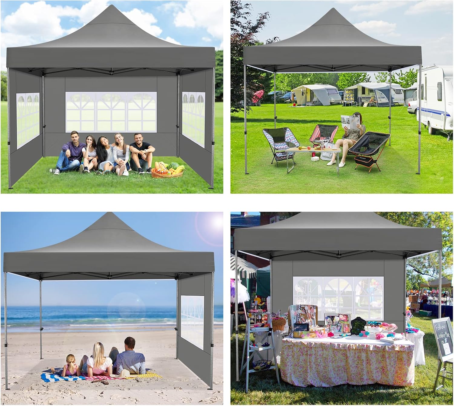 COBIZI 10x10 Pop Up Canopy with 4 Sidewall,Heavy Duty Canopy UPF 50+ All Season Wind Waterproof Commercial Outdoor Wedding Party Tents for Parties Canopy Gazebo with Roller Bag(10 x 10 ft Gray)