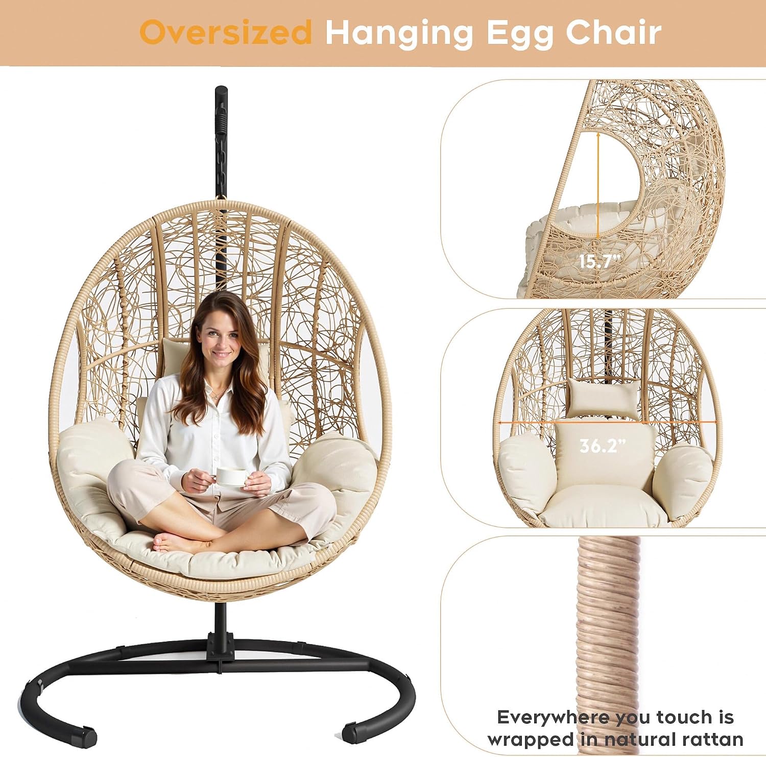 Hanging Egg Chair with Stand, Outdoor Swing Egg Chair with Rain Cover, 400 LBS Capacity All-Weather PE Wicker Swing Chair with Waterproof Cushions