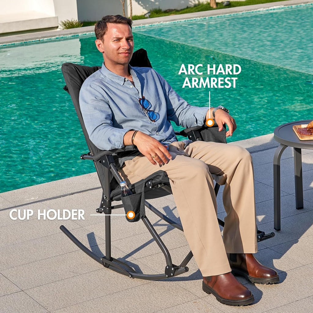 Portal Folding Rocking Camping Chair Outdoor - Thick Padded Rocking Recliner Chair Portable Camping Rocker for Patio Front Porch Backyard Lawn Living Room, Supports 400 LBS