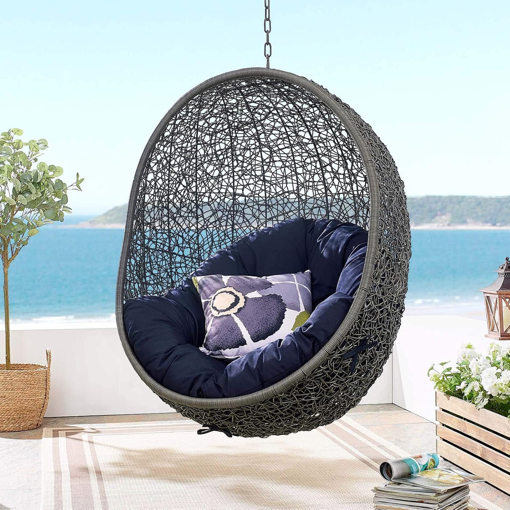 Modway Hide Wicker Rattan Outdoor Patio Porch Lounge Egg Swing Chair Set with Stand in Gray Navy